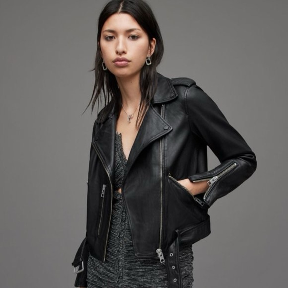 All Saints Balfern Black Leather Biker Jacket, size US 0/UK 4